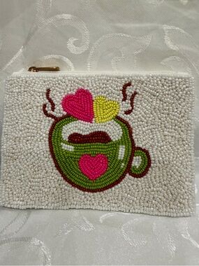 Boutique 9 Beaded White Pouch with Green Coffee Cup and Pink/Yellow Hearts New